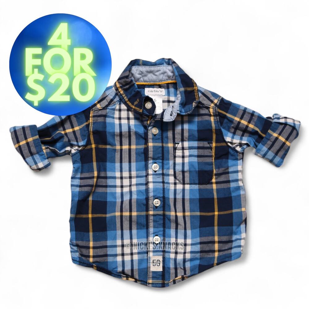 4/$20 - Carters Baby Boys Plaid Button Down Shirt Blue and Yellow Size 6 Months